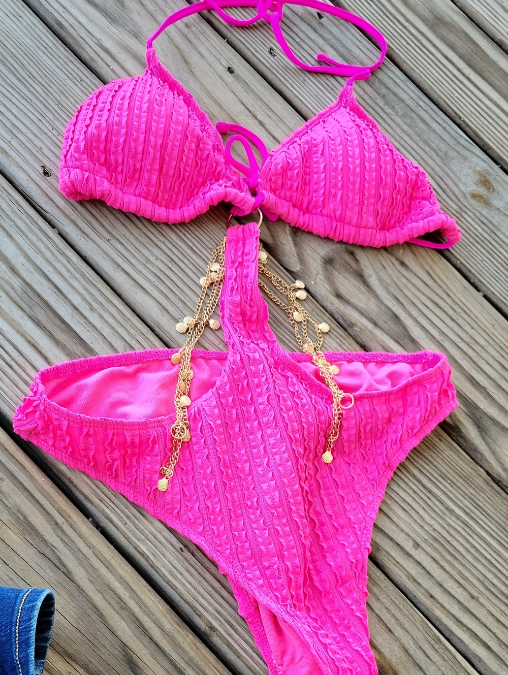Hot Pink Textured Two-Piece Swim Suit with Gold Shell Chain Detail